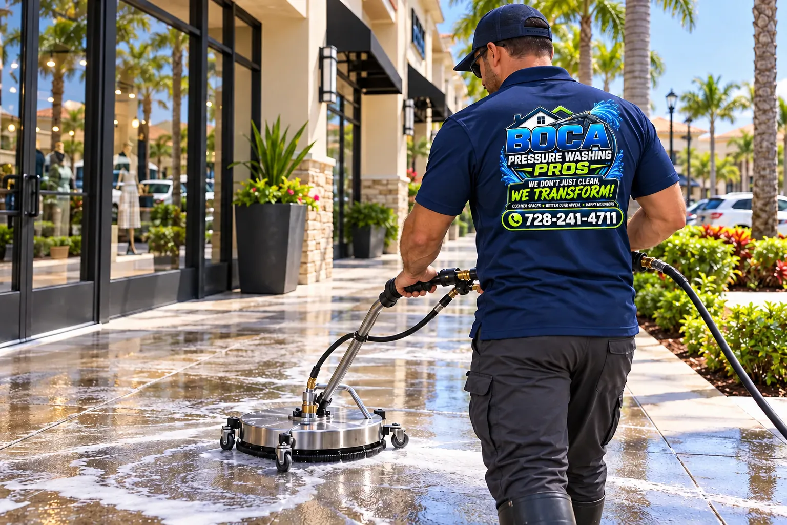 photo of a Boca Pressure Washing Pros worker in a branded navy shirt cleaning a South Florida commercial walkway