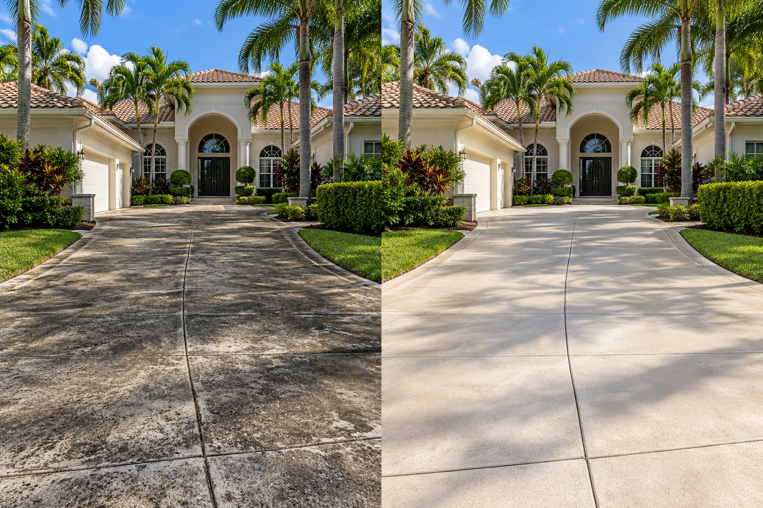 Driveway cleaning after view Concrete driveway with dark buildup on one side and a cleaner surface on the other; after view