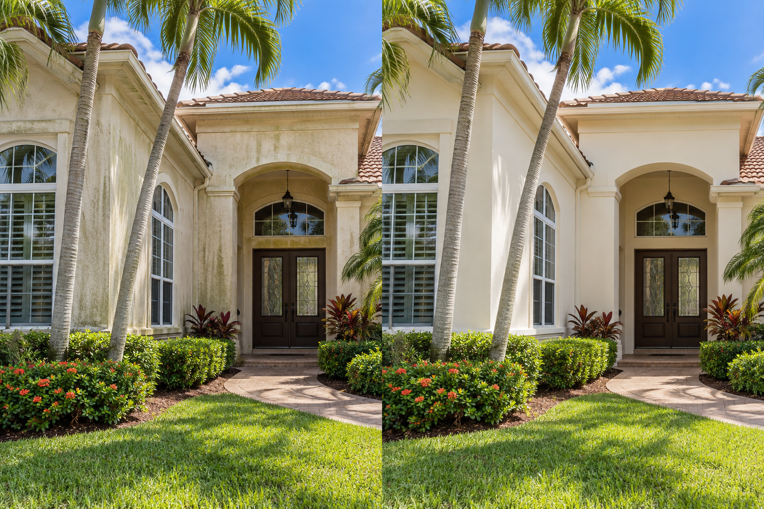 House washing after view Stucco home exterior with a side-by-side surface condition comparison; after view