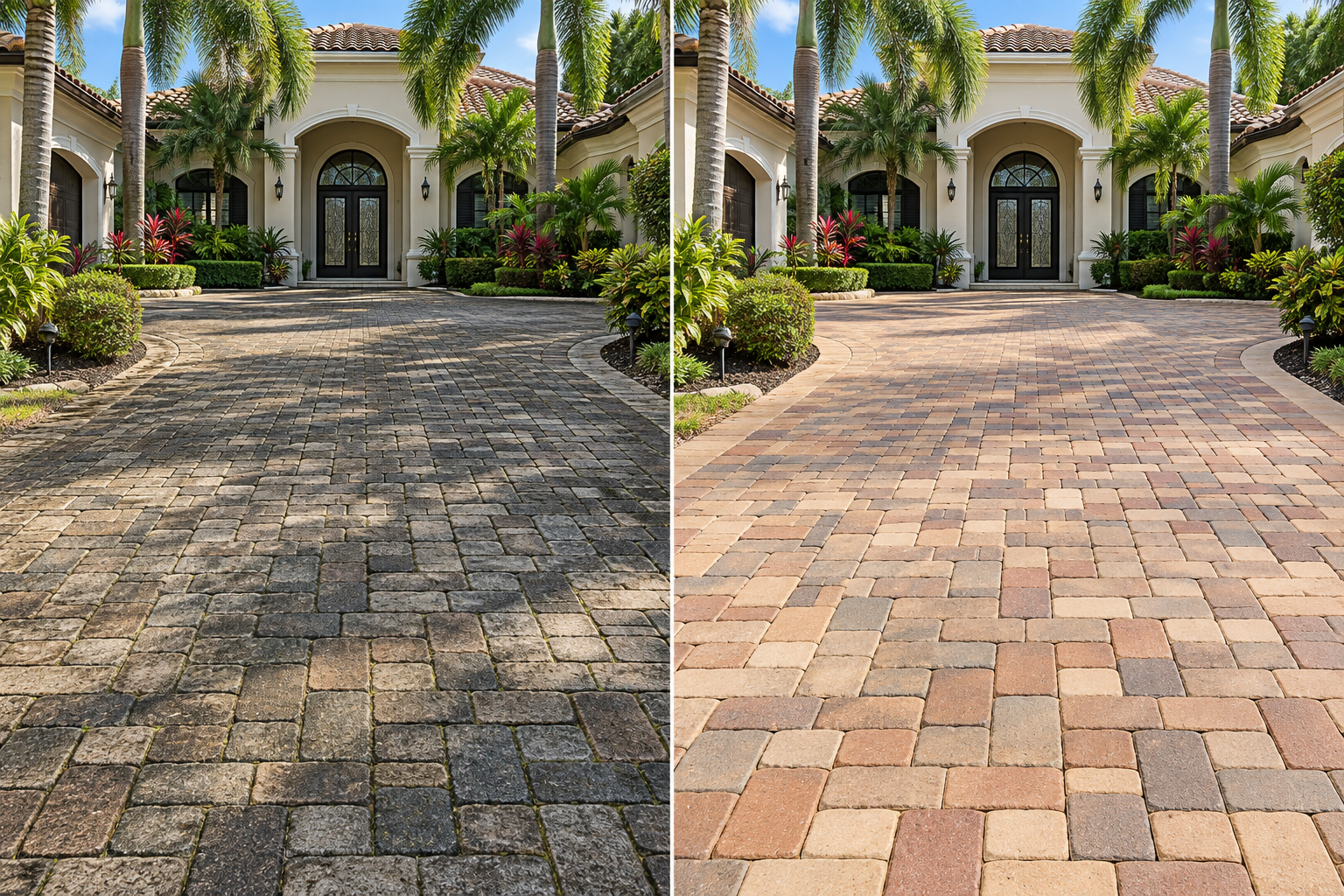 Paver cleaning after view Interlocking paver driveway with a side-by-side surface condition comparison; after view
