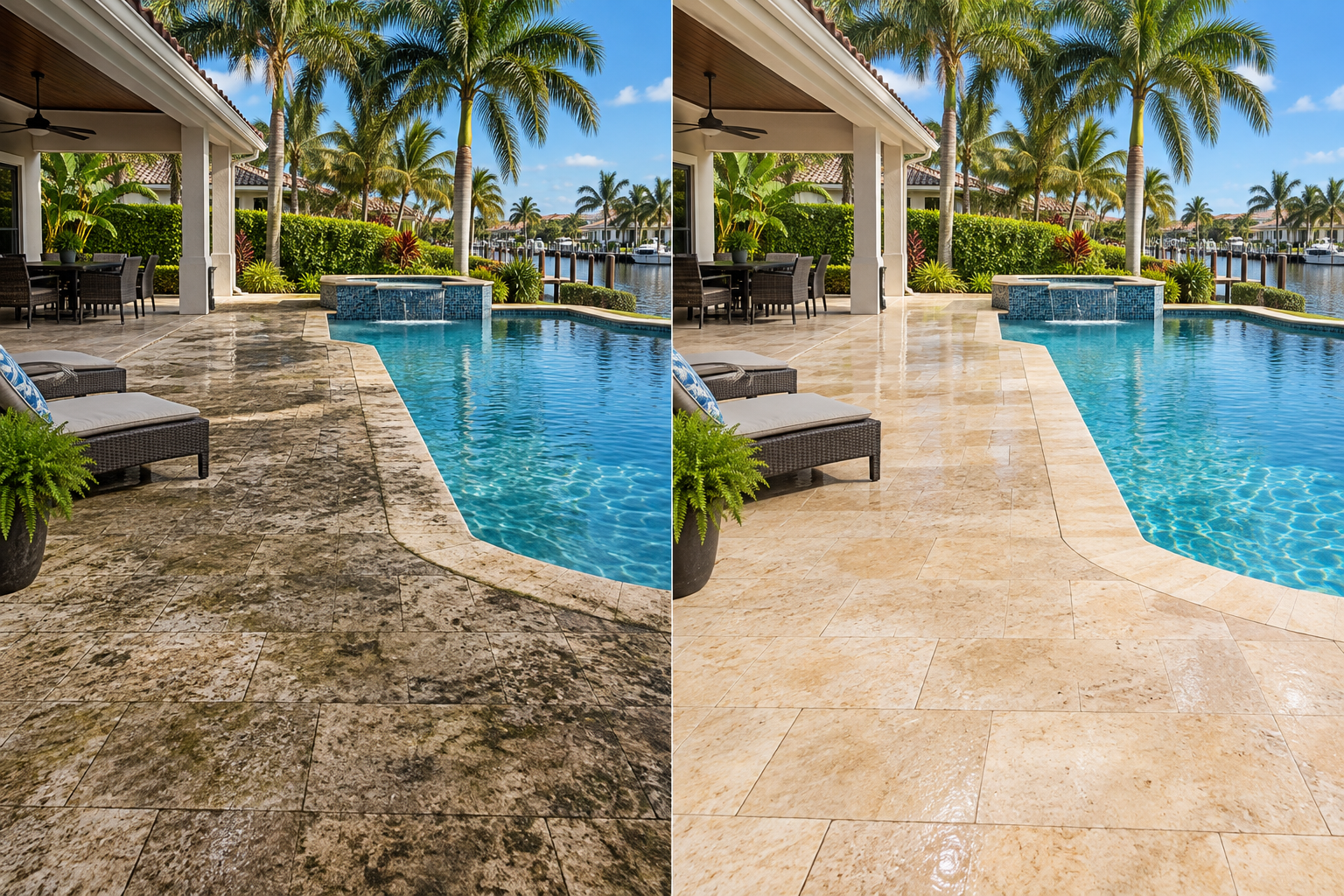Pool deck and patio cleaning after view South Florida pool deck with a side-by-side surface condition comparison; after view