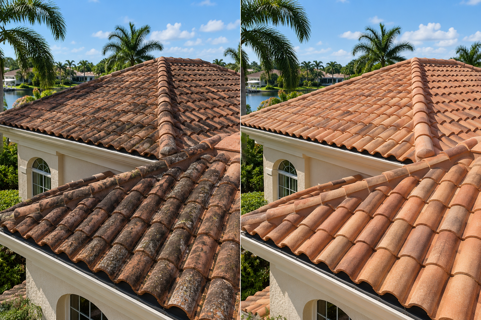 Tile roof soft washing after view Terracotta tile roof showing a side-by-side surface condition comparison; after view