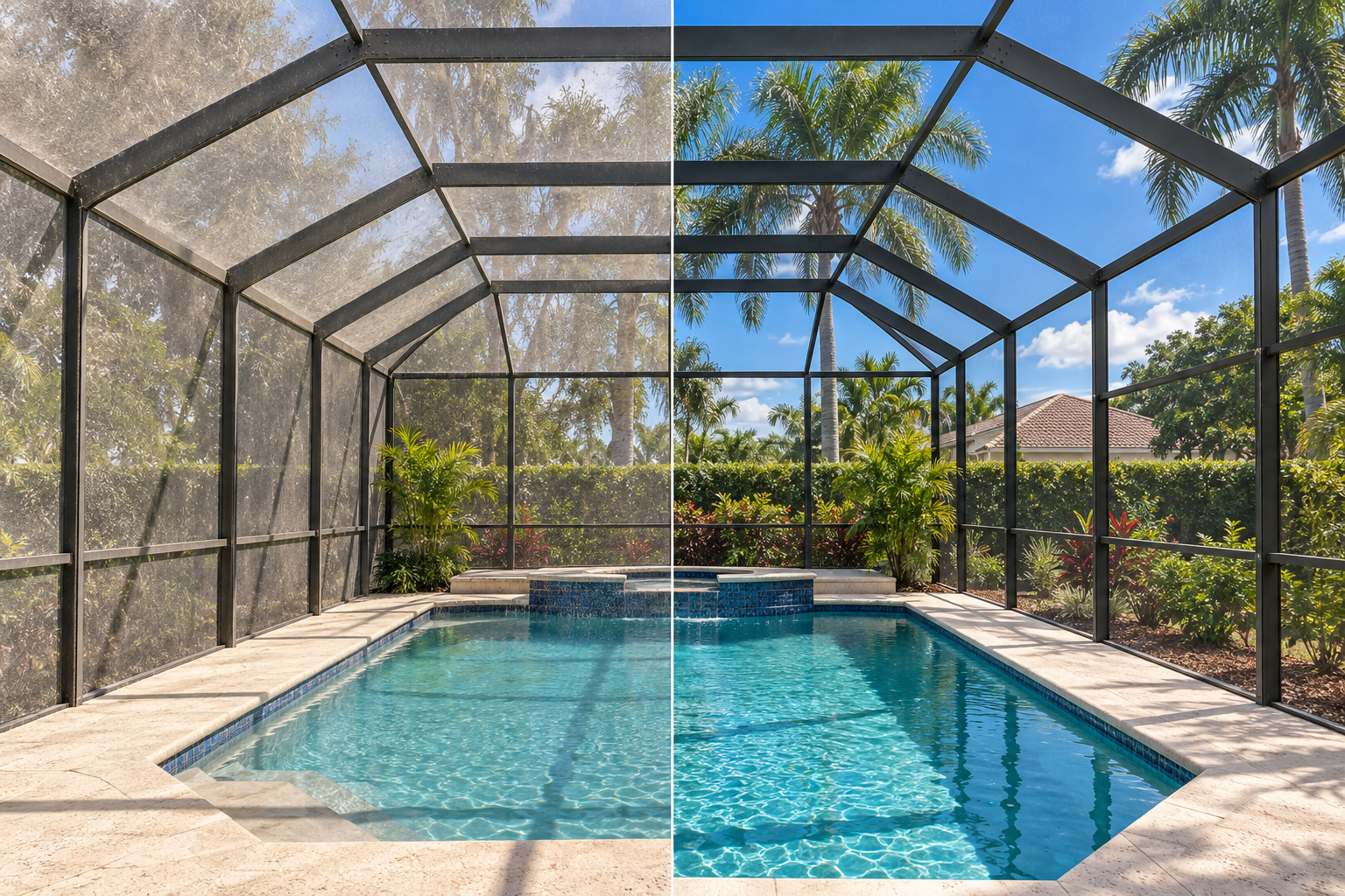 Screen enclosure cleaning after view Pool screen enclosure with a side-by-side surface condition comparison; after view