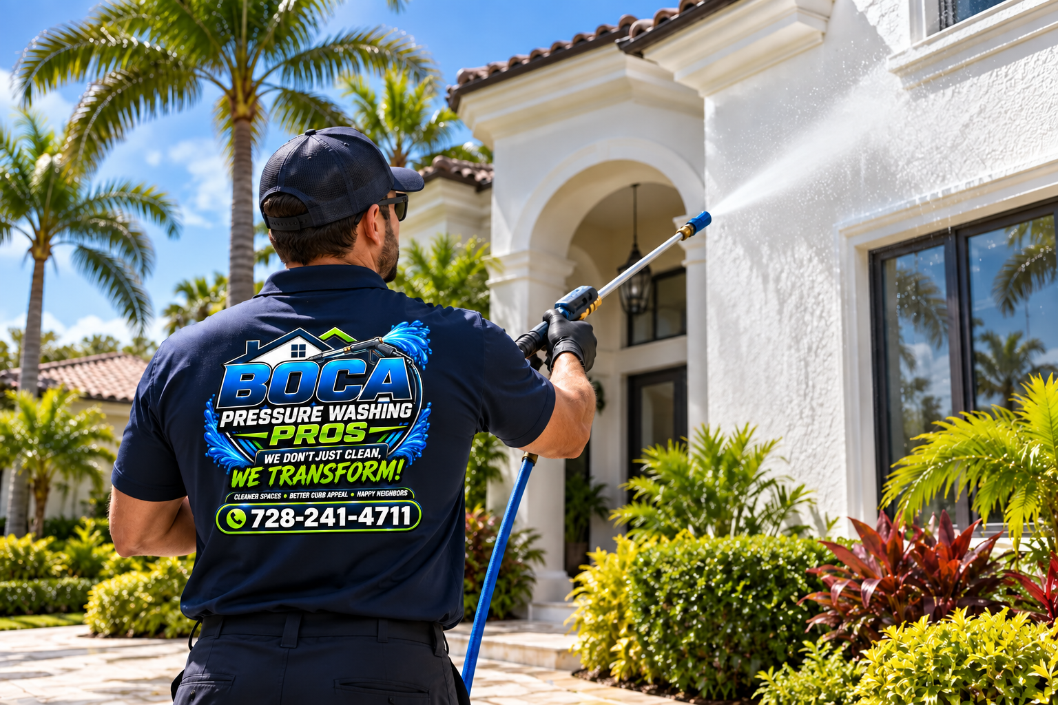 photo of a Boca Pressure Washing Pros worker in a branded navy shirt washing a South Florida home