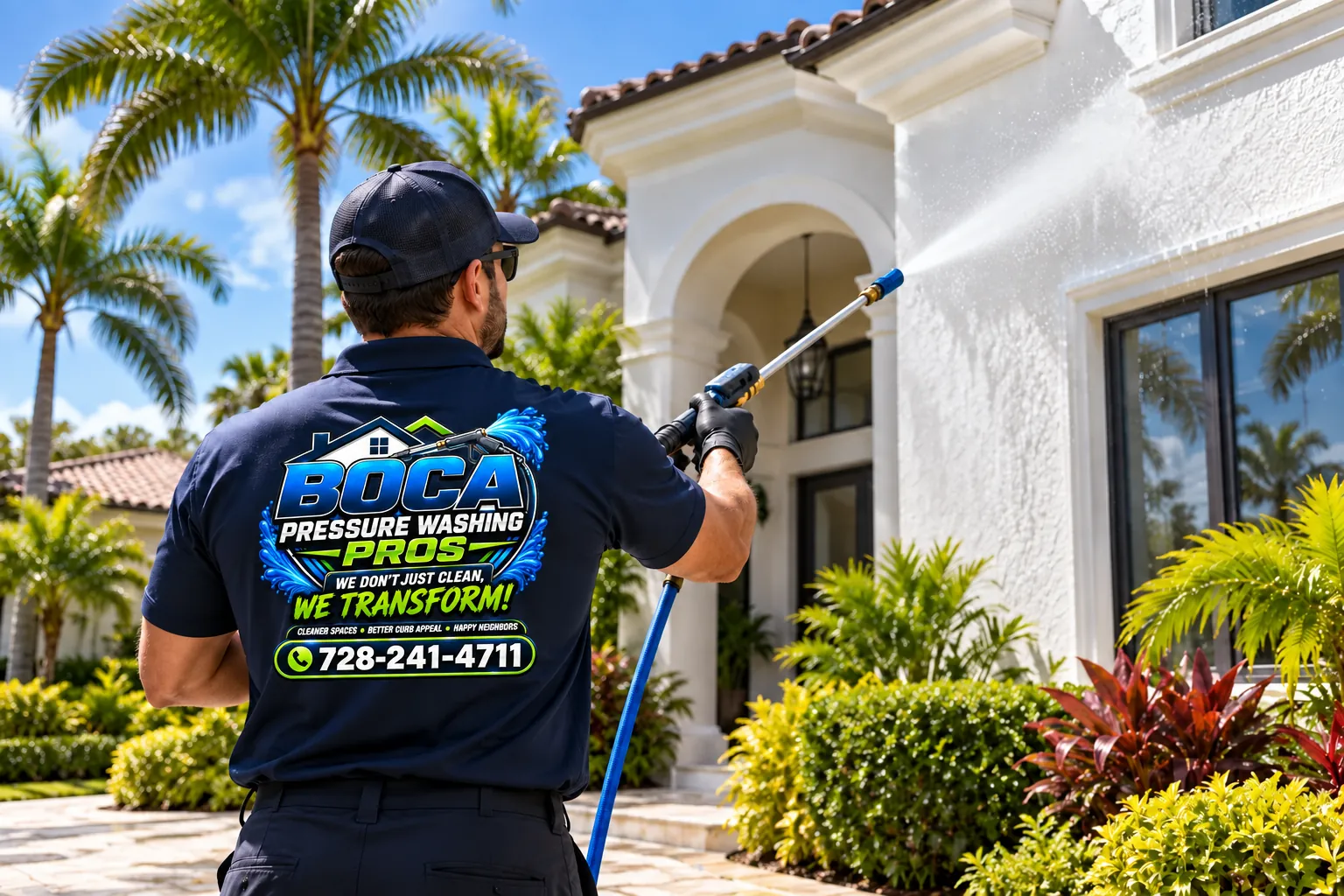 photo of a Boca Pressure Washing Pros worker in a branded navy shirt washing a South Florida home