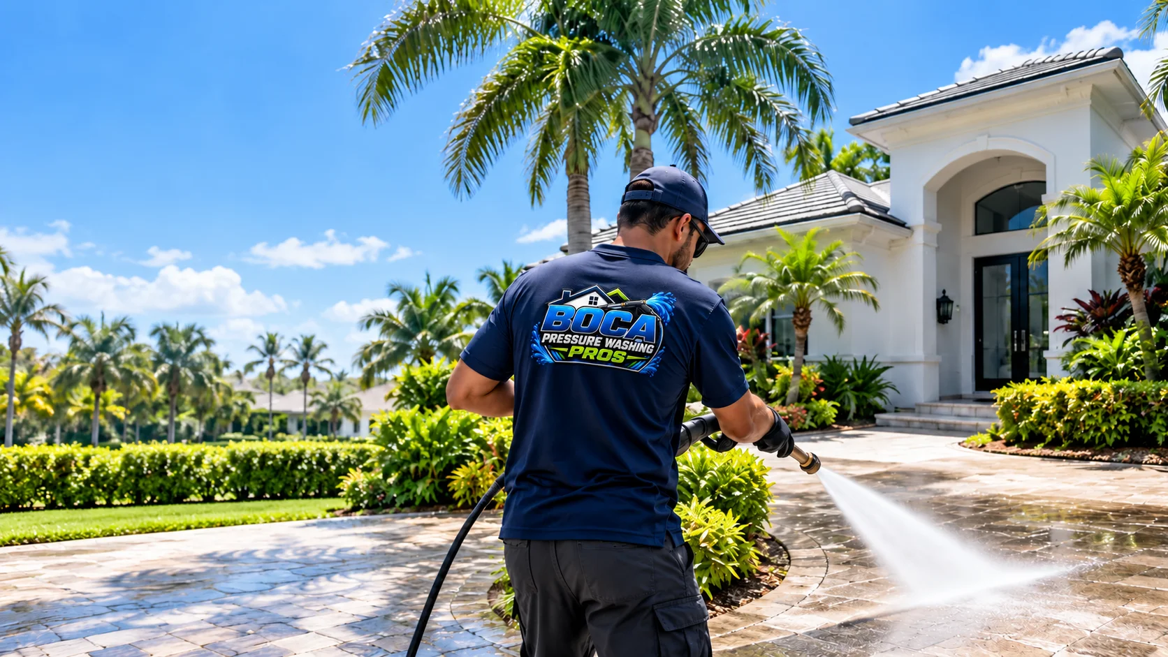 Boca Pressure Washing Pros worker in a company branded shirt cleaning a South Florida home's exterior