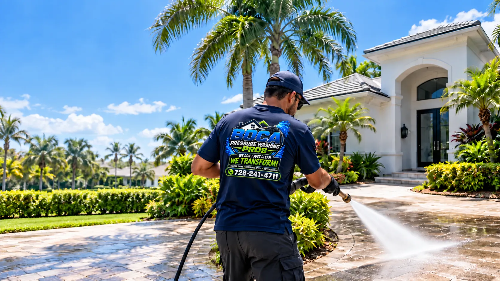 photo of a Boca Pressure Washing Pros worker in a branded navy shirt pressure-washing a Boca Raton driveway