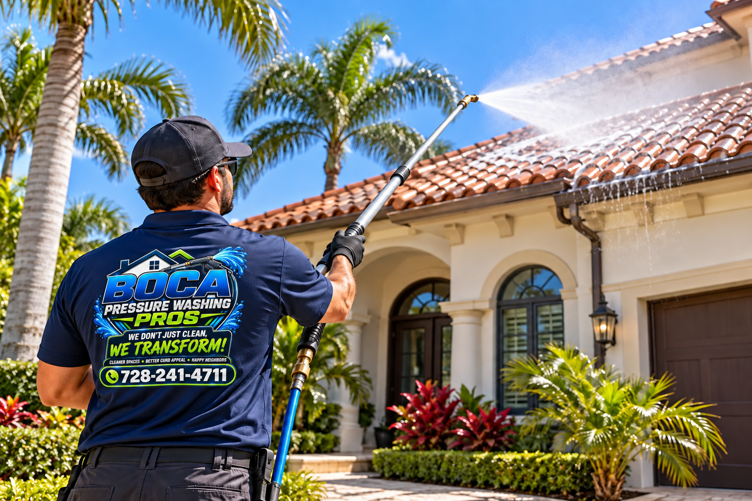 photo of a branded Boca Pressure Washing Pros worker soft-washing a South Florida tile roof
